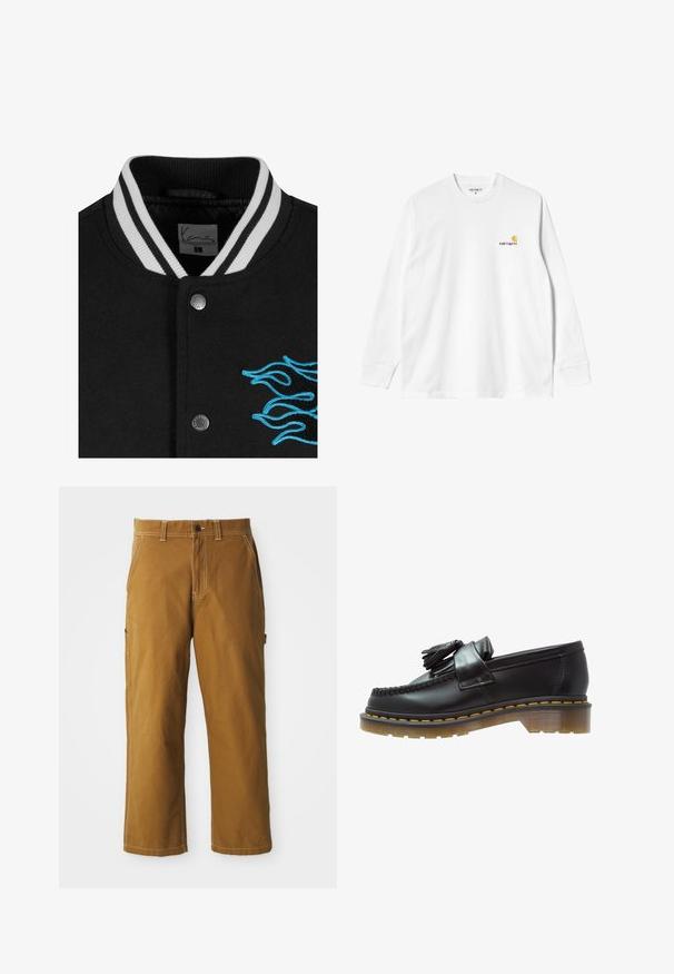 Čierna varsity bunda s bielym prúžkovaným golierom, zapínaním na cvoky a živou modrou výšivkou plameňa na ľavej strane.; Dlhý rukáv bielej bavlnenej tričko s okrúhlym výstrihom, s malým žltým a vínovým logom na ľavej hrudi. Bezšvové manžety a lem.; Hnedé bavlnené nohavice s rovnými strihom, zosilnenými švami a bočnými vreckami. Majú zapínanie na gombík a pútka na opasok v páse.; Čierne kožené mokasíny s textúrovaným povrchom, so zdobnou strapcovou aplikáciou a kontrastným žltým prešívaním, na masívnej priehľadnej podrážke.