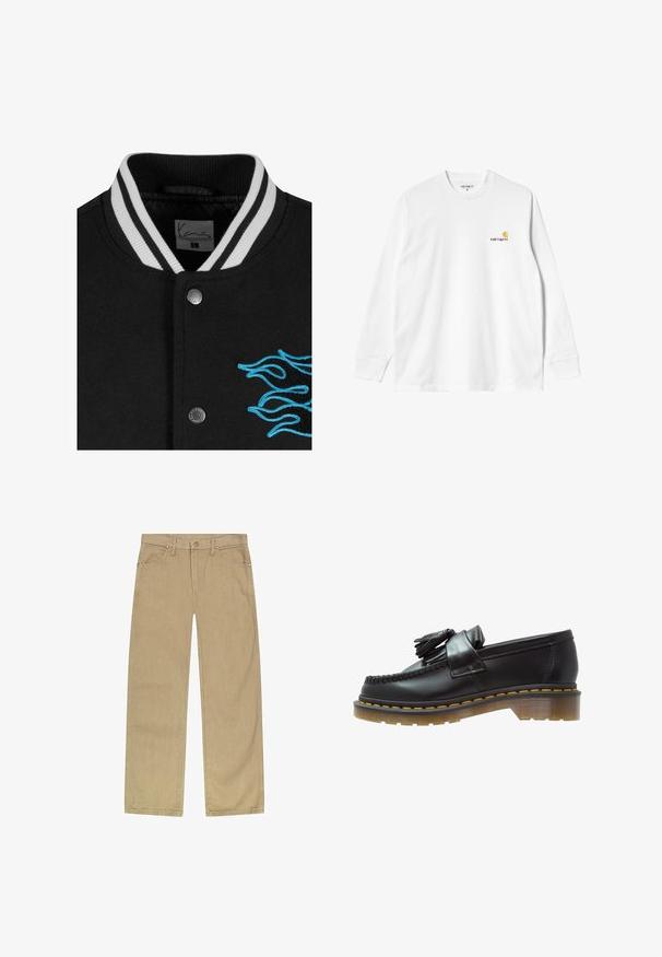 Chaqueta varsity negra con cuello de rayas blancas, cierre de botones a presión y un vibrante bordado de llamas azules en el lado izquierdo.; Camiseta blanca de algodón de manga larga con cuello redondo, que presenta un pequeño logo amarillo y burdeos en el lado izquierdo del pecho. Puños y dobladillo sin costuras.; Pantalones de twill de algodón beige con un diseño de pierna recta, cinco bolsillos, cierre de botón delantero y remaches en tono cobre para mayor durabilidad.; Mocasines de cuero negro con un acabado texturizado, que presentan un borlas decorativa y una costura amarilla en contraste, sobre una suela gruesa y transparente.
