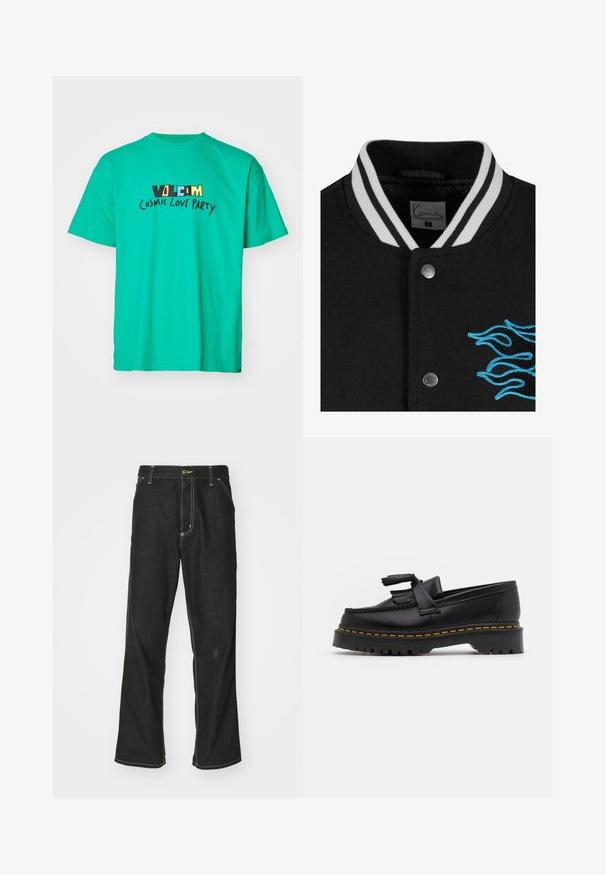 Must beežiga jope, millel on valged triibud krae ääres, nööbiklipp ja elavad sinised leegid, tikitud vasakule küljele.; Türkiis puuvillane T-särk, millel on must ja kollane "VOLCOM" logo ning "COSMIC LOVE PARTY" mängulises käsitsi kirjutatud fondis. Lühikesed varrukad.; Mustadest denimist püksid, lahtise lõikega, kontrastsete valgete õmblustega, nööbiga kinnitamine ja sirge säär.; Mustmust musta loafer, millel on frantsiisi aktsent, paks must tald ja kollane õmblus servas. Tekstuuriga viimistlus.