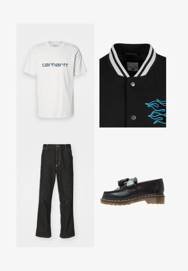 Giacca varsity nera con colletto a righe bianche, chiusura con bottoni a pressione e vivace ricamo di fiamme blu sul lato sinistro.; Carhartt WIP SCRIPT - T-shirt con stampa - ash heather/duck blue; Jeans in denim nero con una vestibilità ampia, caratterizzati da cuciture bianche a contrasto, chiusura a bottone e un design a gamba dritta.; Mocassini in pelle nera con finitura testurizzata, caratterizzati da un pon-pon decorativo e cuciture gialle a contrasto, su una suola spessa e trasparente.
