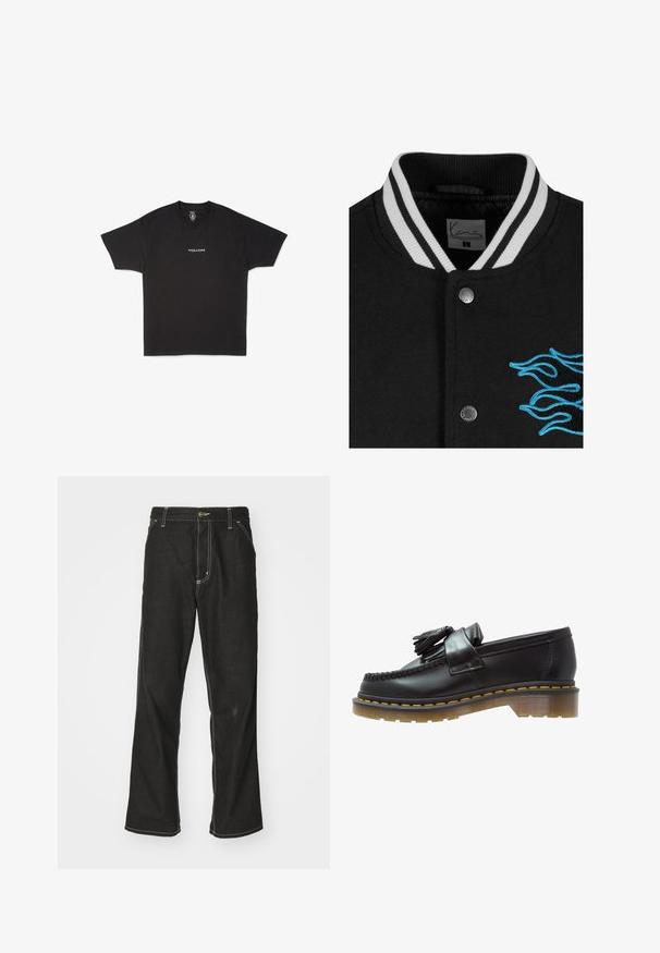 Veste de sport noire avec un col à rayures blanches, fermeture à boutons-pression et broderie de flammes bleues vives sur le côté gauche.; T-shirt en coton noir avec un col rond et des manches courtes, arborant un petit logo "VOLCOM" blanc imprimé au centre devant.; Jean en denim noir avec une coupe ample, comportant des coutures blanches contrastantes, une fermeture à bouton et un design à jambes droites.; Mocassins en cuir noir avec une finition texturée, ornés d'un pompon décoratif et de coutures jaunes contrastantes, sur une semelle épaisse et transparente.
