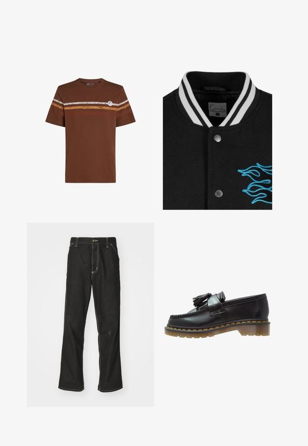 Giacca varsity nera con colletto a righe bianche, chiusura con bottoni a pressione e vivace ricamo di fiamme blu sul lato sinistro.; T-shirt marrone a maniche corte con righe orizzontali bianche, arancioni e marroni. Include un logo circolare sul lato sinistro.; Jeans in denim nero con una vestibilità ampia, caratterizzati da cuciture bianche a contrasto, chiusura a bottone e un design a gamba dritta.; Mocassini in pelle nera con finitura testurizzata, caratterizzati da un pon-pon decorativo e cuciture gialle a contrasto, su una suola spessa e trasparente.