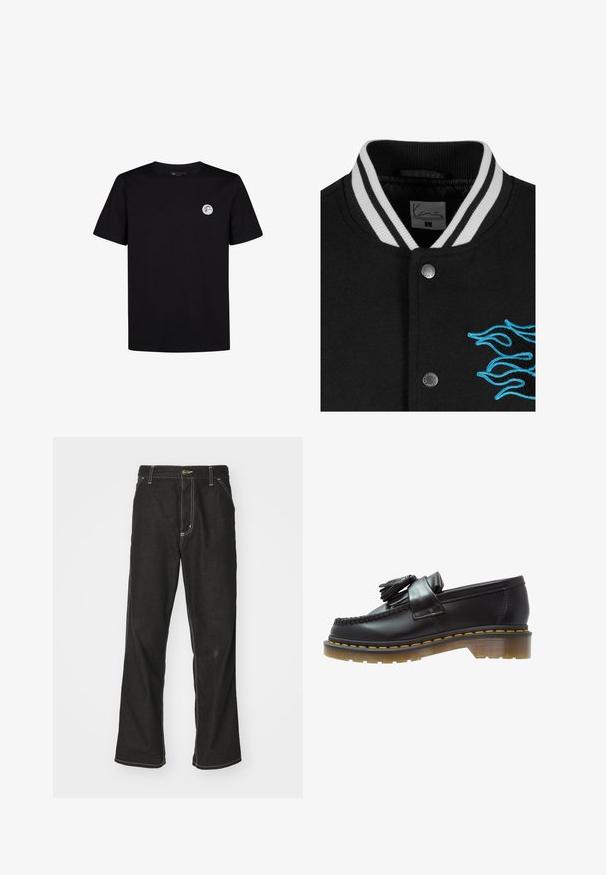 Zwarte varsityjack met een witte gestreepte kraag, drukknoopsluiting en levendige blauwe vlamborduursel aan de linkerkant.; Zwarte katoenen T-shirt met korte mouwen en een ronde hals. Beschikt over een klein rond logo op de linkerborst. Eenvoudig ontwerp.; Zwarte denim jeans met een losse pasvorm, voorzien van contrasterende witte stiksels, een knoopsluiting en een recht ontwerp.; Zwarte leren instappers met een gestructureerde afwerking, voorzien van een decoratieve kwast en contrasterende gele stiksels, op een chunky, transparante zool.