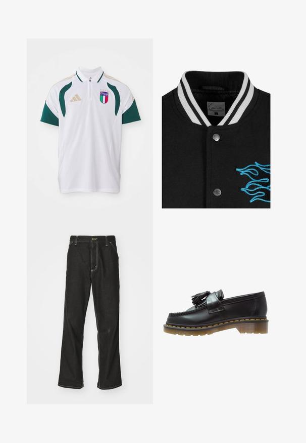 Čierna varsity bunda s bielym prúžkovaným golierom, zapínaním na cvoky a živou modrou výšivkou plameňa na ľavej strane.; Biely polo s tričkovým golierom s zelenými akcentmi, krátkymi rukávmi a zipsom pri krku. Na ňom sa nachádza logo "ITALIA" a tri hviezdy nad ním. Logo adidas na pleci.; Čierne denimové nohavice s voľným strihom, s kontrastným bielym prešívaním, uzáverom na gombík a rovnými nohavicami.; Čierne kožené mokasíny s textúrovaným povrchom, so zdobnou strapcovou aplikáciou a kontrastným žltým prešívaním, na masívnej priehľadnej podrážke.