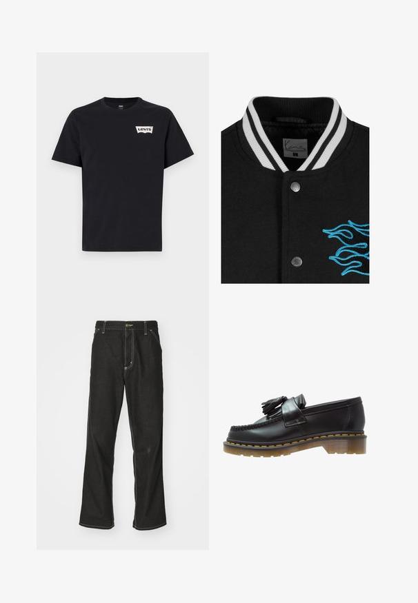 Juoda universiteto striukė su balta juostele apykaklėje, spaudžių mygtukų uždarymu ir ryškiai mėlyna liepsnos siuvinėjimu kairėje pusėje.; Juodas medvilninis marškinėliai trumpomis rankovėmis, apvaliu kaklu ir mažuoju baltu Levi's logotipu kairiajame priekyje.; Juodi džinsai su laisvu siluetu, turintys kontrastingas balto siūlo siūles, mygtuko uždarymą ir tiesų kojos dizainą.; Juodai odiniai loaferiai su tekstūruotu paviršiumi, dekoruoti dekoratyvinėmis kutais ir kontrastingomis geltonomis siūlėmis, ant masyvaus, skaidraus pado.