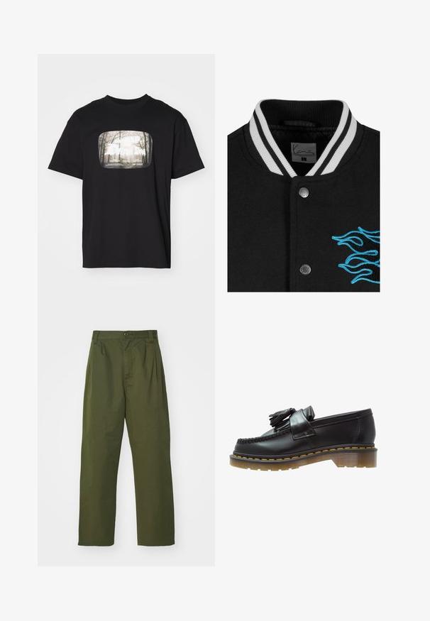 Sort varsityjakke med en hvidstribet krave, trykknaplukning og livlige blå flammebroderier på venstre side.; Sort T-shirt med et rektangulært grafisk tryk på fronten, der viser en skovscene med et tåget design og hvid tekst ovenpå.; Olivengrønne, høj talje bukser med lige ben design. Fremstillet af et letvægtsmateriale, med frontplisser og knaplukning.; Sorte læder loafers med en tekstureret overflade, der har en dekorativ kvast og kontrasterende gul syning, på en chunky, transparent sål.