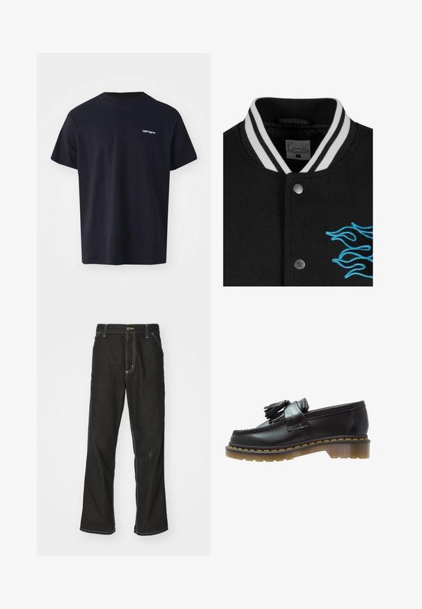 Melna koledžas jaka ar baltu svītrainu apkakli, pogu aizdari un spilgtu zilu liesmu izšuvumu kreisajā pusē.; Melnas kokvilnas t-krekls ar īsām piedurknēm, apaļu kakla izgriezumu un maigu balto logotipu kreisajā krūtīs. Gluda tekstūra, standarta piegriezums.; Melni džinsi ar brīvu piegriezumu, ar kontrastējošu baltu diegu, pogu aizdari un taisnu kāju dizainu.; Melni ādas loafers ar teksturētu apdari, ar dekoratīvu pušķi un kontrastējošām dzeltenām šuvēm, uz masīvas caurspīdīgas zoles.