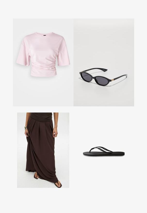 Massimo Dutti DOUBLE-BREASTED V-NECK WITH TIES - Let jakke / Sommerjakker - mottled dark brown; Lyserød cropped t-shirt lavet af blødt stof, med korte ærmer og indsnævrede sider for et tætsiddende look. Rund halsudskæring, enkelt design.; Brun maxi nederdel lavet af letvægtsstof med plisseringer, en svævende design og en elastisk talje for komfort.; Sorte flip-flop med en tekstureret gummisål, to slanke stropper og et subtilt, præget logodetalje på stroppen.; Sorte solbriller med ovale linser, mørk gradienttint og slanke arme med diskrete guldkant. Glat plastikfinish.; Bordeaux håndtaske lavet af glansfuldt materiale, rektangulær form, med to skulderremme og subtile buede detaljer på forsiden.