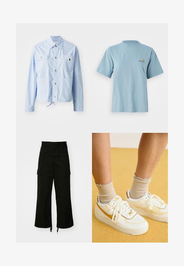 Heledad sinise triibuline jakk nööbike Closure'iga, nelja esipocket'iga ja nööriga allservas. Omab väikest logo silti vasakul põues.; Hele sinine lühikeste varrukatega puuvillane T-särk ümmarguse kaelusega ja vasakul rinnal väike kollane ja punane Carhartti logo.; Mustadest puuvillast cargo-püksidest, millel on laiad sääred, küljetaskud ja nööriga lõpulised säärised. Disain sisaldab nööbi sulgemist vöökohal.; Nike Sportswear AIR FORCE 1 SHADOW - Tossud - sail/metallic gold/coconut milk