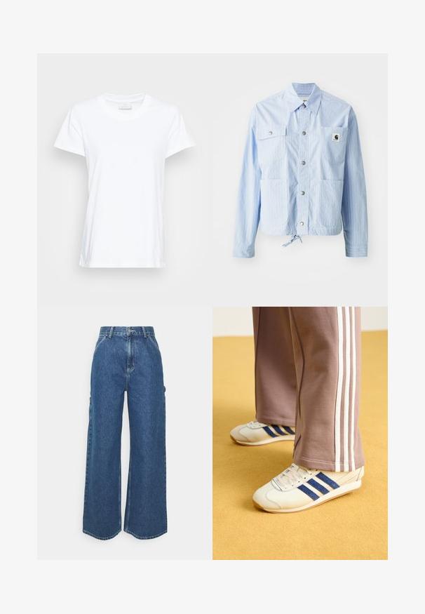 Gaiši zils svītrots žakets ar pogu aizdari, četriem priekšējiem kabatām un auklas apakšmalu. Uz kreisās kabatas ir neliela logo birka.; Balds īsām piedurknēm T-krekls, izgatavots no mīksta kokvilnas. Tam ir apaļa kakla izgriezuma forma un nedaudz brīvs piegriezums ar sānu šķeltnēm papildu komfortam.; Platleņķa zili džinsi ar augstu jostasvietu, kontrastējošām šuvēm un sānu kabatām, ar klasisku piecu kabatu dizainu un neapstrādātiem malām.; Krēma krāsas kedas ar zilo zamšādu svītrām, baltām auklām un gumijas zoli. Apvienotas ar pelēkām sporta biksēm ar baltām sānu svītrām.