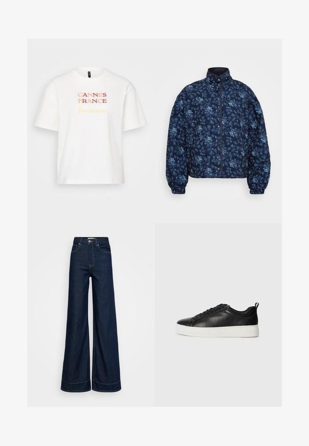 Chaqueta acolchada de color azul marino con un estampado floral en azul claro. Cuenta con un cuello alto y cierre de botones, con puños elásticos y un diseño corto.; Camiseta de algodón blanca, de mangas cortas, con "CANNES FRANCE" en rojo y "Bienvenue" en amarillo, con cuello redondo.; Jeans oscuros de tiro alto y perneras anchas con bolsillos frontales, pasadores de cinturón, cierre de botón y costuras visibles sobre un fondo blanco.; Zapatilla baja de cuero negra con cordones negros y suela gruesa de goma blanca, vista desde el lado exterior sobre un fondo blanco.