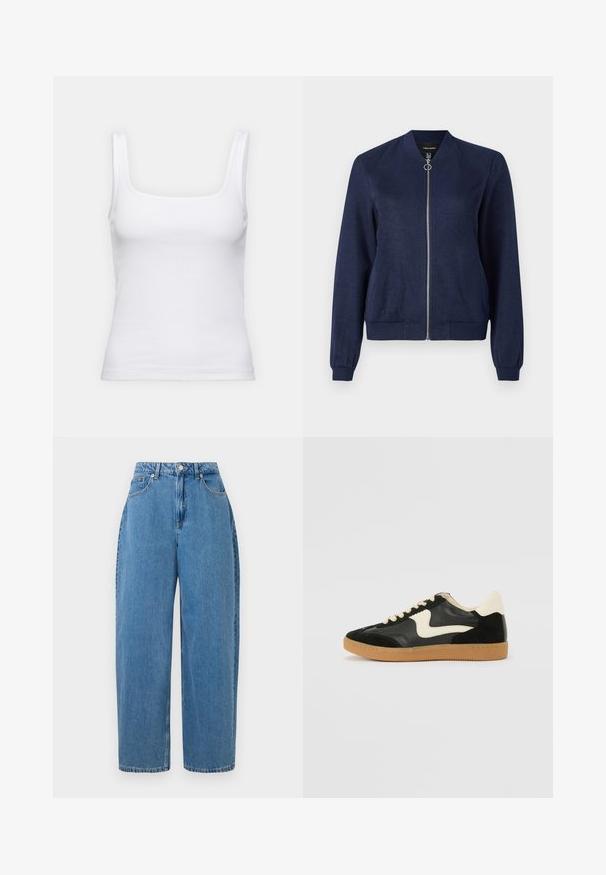 Navy blue bomb jacket with a silver zipper and round pull tab, featuring ribbed cuffs and waistband, against a plain white background.; White ribbed tank top with a square neckline and narrow straps, made of a stretchy cotton blend fabric.; Light blue denim trousers with a straight-leg fit, high waist, and front button closure. Features five pockets and minimal stitching details.; Black suede and leather sneaker with a cream side swoosh and light cream heel. Features beige laces and a gum rubber outsole.