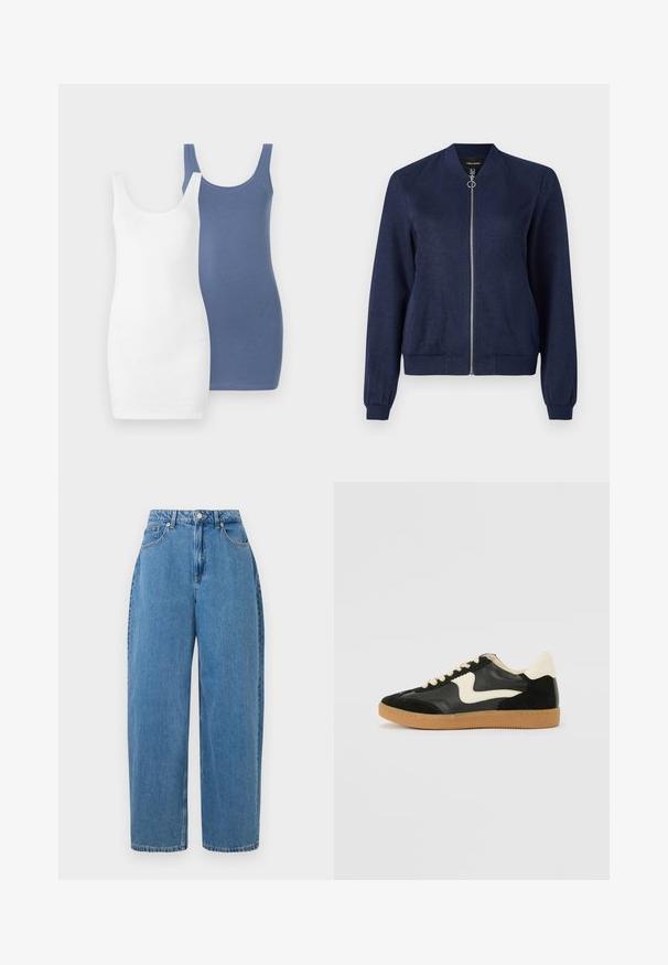 Tengerészkék bombázó dzseki ezüst cipzárral és kerek húzófibával, bordázott mandzsettákkal és derékbőséggel, egy sima fehér háttér előtt.; Két atléta ruha, az egyik fehér, a másik kék, puha, rugalmas anyagból, kör alakú nyakkivágással és vonzó, testhez simuló fazonnal.; világoskék farmernadrág egyenes szabással, magas derékkal és elöl gombos záródással. Öt zsebbel rendelkezik és minimális varrási részletek találhatók rajta.; Fekete velúr és bőr sneaker, krém színű oldalsó swoosh-sal és világos krém színű sarokkal. Beigézett fűzőkkel és gumi talppal rendelkezik.