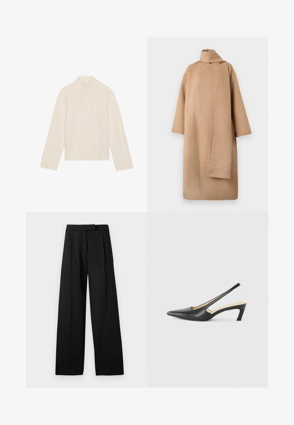 Kavová vlněná bunda s vysokým límcem, širokými rukávy a asymetrickým předním zapínáním. Hladká textura a minimalistický design.; Krémový pletený svetr s vysokým límcem a detaily vzoru kabelů. Má dlouhé rukávy a žebrované manžety a lem.; Černé široké kalhoty s hladkou texturou, mají plochý přední díl a upravený pás. Jednoduchý design bez viditelného kování nebo vzorů.; Černý špičatý slingback s nízkým podpatkem, vyrobený z hladké kůže, s výřezem na boku pro lepší prodyšnost.