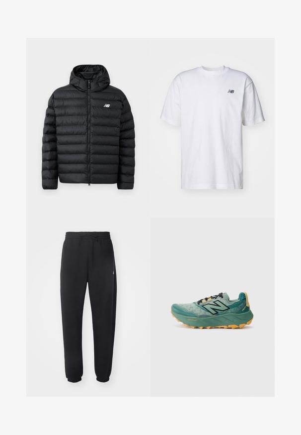 Giacca a vento nera con cappuccio, dotata di zip frontale, texture trapuntata e logo New Balance sul lato sinistro del petto. Materiale liscio e leggero.; T-shirt bianco a maniche corte con scollo rotondo e piccolo logo nero New Balance sul lato sinistro del petto, su uno sfondo neutro.; Pantaloni della tuta neri realizzati in materiale morbido con vita elastica, coulisse e polsini aderenti, caratterizzati da un logo sottile sul lato.; Scarpa da trail running verde con tomaia in mesh, lacci neri e suola gialla spessa. Presenta il marchio "Fresh Foam" e "Vibram".