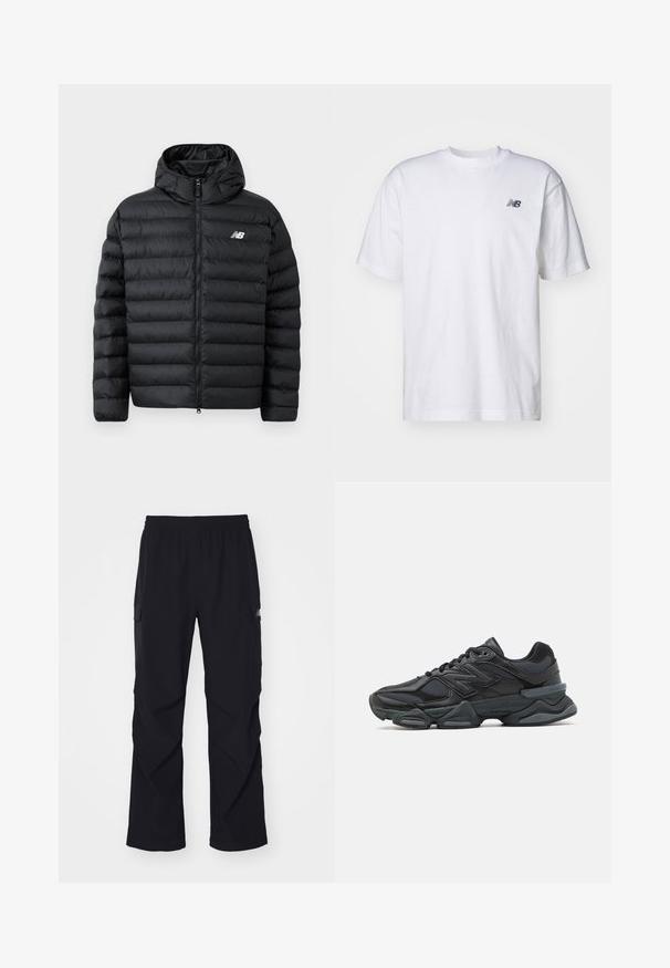 Schwarze Daunenjacke mit Kapuze, Frontreißverschluss, gestepptem Design und New Balance-Logo auf der linken Brust. Glattes, leichtes Material.; Weißes T-Shirt mit kurzen Ärmeln und Rundhalsausschnitt, mit kleinem schwarzen New Balance-Logo auf der linken Brust vor einem einfarbigen Hintergrund.; Schwarze Cargo-Hosen aus leichtem Material, mit einem Elastikbund, seitlichen Taschen und einem geraden Beinschnitt.; Schwarzer Laufschuh mit einer Mischung aus Mesh- und sinthetischen Materialien, dicke Sohle, geschwungenes Design und auffälliger Markenkennzeichnung an der Seite.