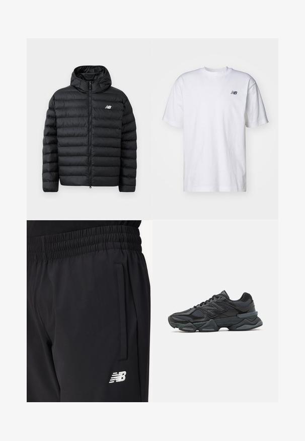 Črna puhovka s kapuco, z zadrgo spredaj, prešito teksturo in logotipom New Balance na levem prsnem delu. Gladek, lahek material.; Bela kratka majica s kratkimi rokavi in ovratnikom, na kateri je majhen črni logotip New Balance na levem prsnem delu, na enobarvni podlagi.; Črne športne hlače z elastičnim pasom, stranskim žepom in belim logotipom New Balance na stegnu.; Črne tekaške superge, ki združujejo mrežaste in sintetične materiale, imajo debel podplat, ukrivljen oblikovni slog ter izrazito blagovno znamko na strani.