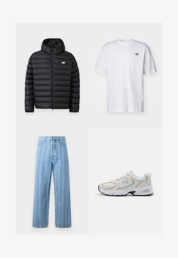 Giacca a vento nera con cappuccio, dotata di zip frontale, texture trapuntata e logo New Balance sul lato sinistro del petto. Materiale liscio e leggero.; T-shirt bianco a maniche corte con scollo rotondo e piccolo logo nero New Balance sul lato sinistro del petto, su uno sfondo neutro.; Jeans in denim azzurro chiaro con design a gamba larga, caratterizzati da un motivo a catena ripetuto. Stile classico a cinque tasche e dettaglio con bottone in metallo.; Scarpa sportiva con tomaia in mesh grigio chiaro e accenti in suede, lacci bianchi e suola in gomma nera. Dettaglio di ammortizzazione ABZORB notevole.