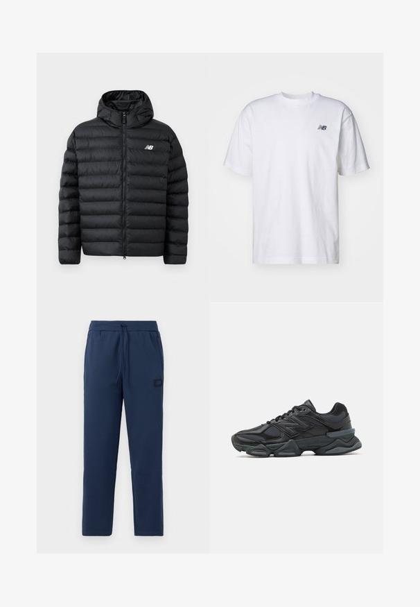Svart pufferjakke med hette, med glidelås foran, quiltet tekstur, og New Balance-logo på venstre bryst. Glatt, lett materiale.; Hvit kortermet T-skjorte med rund hals og liten svart New Balance-logo på venstre bryst mot en ensfarget bakgrunn.; Marineblå joggebukser laget av myk bomullsblanding, med elastisk midjebånd og snøring samt en liten merkepute på hoften.; Svart løpesko med en blanding av mesh og syntetiske materialer, chunky såle, buet design og fremtredende merkevare på siden.