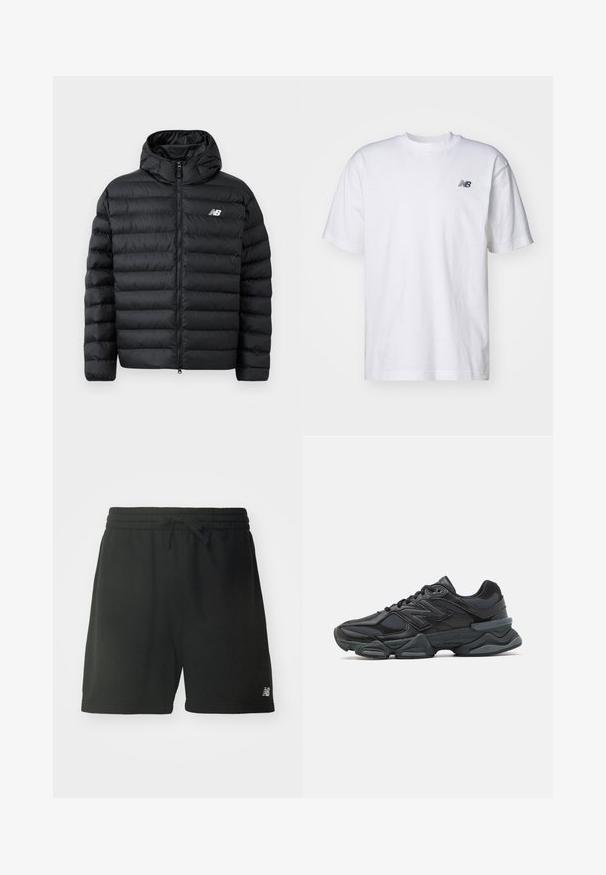 Svart pufferjacka med huva, med dragkedja framtill, kviltad textur och New Balance-logotyp på vänster bröst. Slät, lättviktsmaterial.; Vit kortärmad T-shirt med rund halsringning och en liten svart New Balance-logotyp på vänster bröst, mot en enfärgad bakgrund.; Svarta bomullsidrottsshorts med elastisk midja, justerbar dragsko och logotypdetalj på nedre vänstra benet. Slät yta.; Svart löparsko med en kombination av mesh och syntetiska material, kraftig sula, rundad design och framträdande varumärkning på sidan.