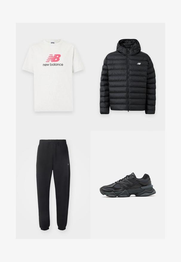 Svart pufferjakke med hette, med glidelås foran, quiltet tekstur, og New Balance-logo på venstre bryst. Glatt, lett materiale.; Hvit kortermet t-skjorte i bomull med et fremtredende rosa "NB"-logo med røde striper og svart "new balance"-tekst under.; Sorte joggebukser laget av mykt materiale med elastisk midje, snor og smale mansjetter, med en diskret logo på siden.; Svart løpesko med en blanding av mesh og syntetiske materialer, chunky såle, buet design og fremtredende merkevare på siden.