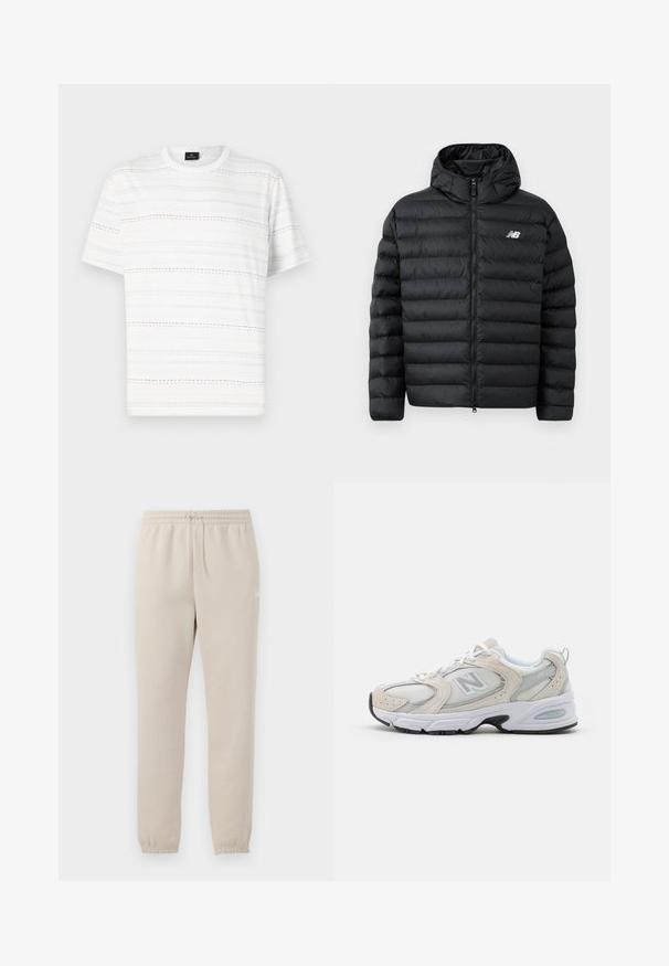 Černá péřová bunda s kapucí, se zipem vpředu, prošívanou texturou a logem New Balance na levé hrudi. Hladký, lehký materiál.; Bílý tričko s krátkým rukávem, zdobené vodorovnými pruhy v světle modré, růžové a černé barvě. Klasický design s kruhovým výstřihem.; Světle béžové tepláky vyrobené z měkké látky, s elastickým pasem, nastavitelnou šňůrkou a zúženými manžetami na kotnících.; Atletická obuv s lehkým šedým síťovaným svrškem s semišovými akcenty, bílými tkaničkami a černou gumovou podrážkou. Výrazným detailem je tlumení ABZORB.