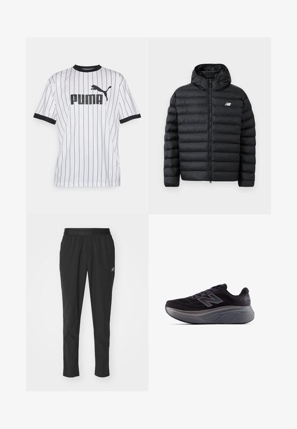 Sort forlængelsesjakke med hætte, med lynlås foran, quilted struktur og New Balance-logo på venstre bryst. Glat, let materiale.; Hvid trøje med sorte lodrette striber, sort krave og ærmer. Har et stort sort "PUMA" logo på forsiden med en puma-siluet.; Sorte atletiske bukser lavet af letvægtsmateriale med en elastisk talje, tapered design og diskret logodetalje på siden.; Sort atletisk sko med en tekstureret overdel, forstærket hæl og en tyk grå sål. Har et fremtrædende "N" logo.