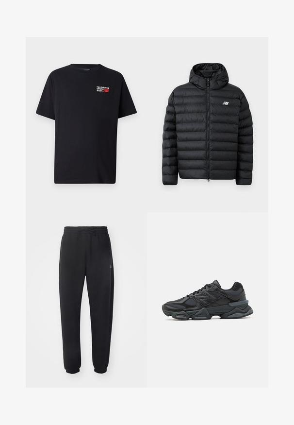 Casaco puffer preto com capuz, apresentando fecho de correr na frente, textura acolchoada e logótipo da New Balance no lado esquerdo do peito. Material suave e leve.; T-shirt de algodão preto com decote redondo. Apresenta um pequeno logotipo e texto "New Balance" em vermelho e branco na parte superior esquerda do peito.; Calças de treino pretas feitas de material suave, com cintura elástica, cordão e punhos ajustados, apresentando um logótipo discreto na lateral.; Sapato de corrida preto com uma combinação de malha e materiais sintéticos, sola robusta, design curvado e uma marca de destaque na lateral.