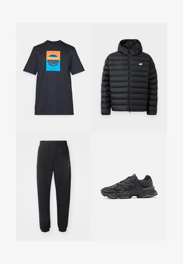 Zwarte pufferjack met capuchon, met een ritssluiting aan de voorkant, gequiltde textuur en het New Balance-logo op de linkerborst. Glad, lichtgewicht materiaal.; Zwarte T-shirt met korte mouwen met een centraal graphic: een oranje en blauwe rechthoek met een illustratie van een basketbal en de tekst "ADIDAS BASKETBALL."; Zwarte joggingbroek van zacht materiaal met een elastische tailleband, trekkoord en taps toelopende manchetten, met een subtiele logo aan de zijkant.; Zwarte hardloopschoen met een mix van mesh en synthetische materialen, een stevige zool, gebogen ontwerp en prominente branding op de zijkant.