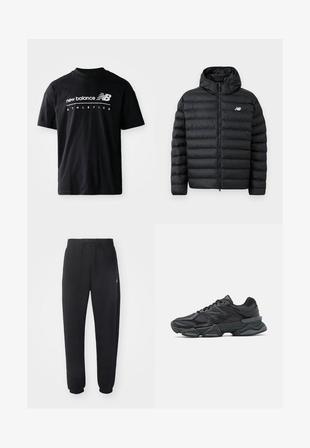 Černá péřová bunda s kapucí, se zipem vpředu, prošívanou texturou a logem New Balance na levé hrudi. Hladký, lehký materiál.; Černé bavlněné tričko s kulatým výstřihem, krátkými rukávy a bílými grafickými nápisy "new balance" a "ATHLETICS" na přední straně.; Černé tepláky z měkkého materiálu s elastickým pasem, šňůrkou na stažení a zužujícími se manžetami, s jemným logem na boku.; Černá běžecká bota s kombinací síťoviny a syntetických materiálů, masivní podešev, zakřivený design a výrazné logo na boku.