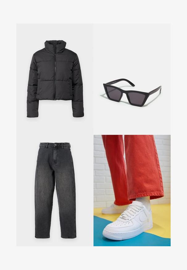 Svart avkortet pufferjakke med høy krage, frontglidelås og horisontal sømdetalj. Laget av quiltet, lett materiale.; Brun strikket genser med høy ribbestrikket krage, vide ermer og en myk tekstur. Har en avslappet passform og ribbestrikkede detaljer på ermene.; Svart denimbukser med en avslappet passform, fem-lommers design og knappelukking, med en bleket finish og rette ben.; Hvit lær sneakers med perforert tåboks, teksturert såle og hvite snørebånd, paret med vide røde bukser og en blå og gul bakgrunn.; Svarte, kantete solbriller med grå linser; laget av plast, med tykke stenger som har en glatt overflate og ingen synlige festemidler.; Svart hobo-bag laget av glatt, læraktig materiale med et tvistet håndtak, som har en myk, avrundet form og en glidelås lukking på toppen.