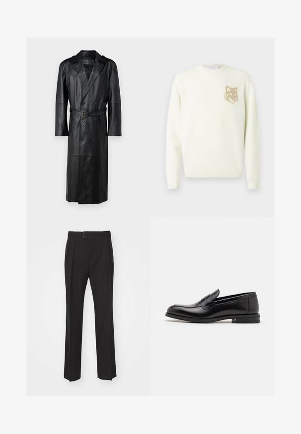 Sort læder trenchcoat med dobbeltbrystet design, bælte i taljen og skulderepauleter. Glat tekstur og knælang.; Cremefarvet crewneck sweater med lange ærmer og et lille beige rævehovedgrafik på venstre bryst, ribbede manchetter og kant.; Sorte skræddersyede bukser med lige ben-design, to frontlommer og dobbeltknaplukning i taljen. Glat stofstruktur.; Sorte læderloafers med en glat overflade, rund tå og en dekorativ strop over vampen. Lav hæl med stabeldesign, minimalistisk stil.