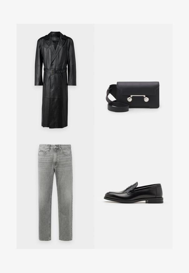 Caban din piele neagră, cu un design cu două rânduri de nasturi, talie cu curea și epauleți pe umeri. Textură netedă și lungime până la genunchi.; Pulover tricotat de culoare crem, cu guler polo, manșete și tiv cu nervuri, având o clapetă frontală și o textură moale.; Jeans din denim gri cu croi drept, având un design clasic cu cinci buzunare și o ușoară decolorare pentru textură. Închidere standard cu fermoar.; Mocasini din piele neagră cu o textură netedă, vârf rotund și o curea decorativă peste partea superioară. Toc mic, design minimalist.; Geantă din piele neagră, tip crossbody, cu închidere prin clapetă, accesorii din metal de culoare argintie și două accente rotunde. Dispune de o curea detașabilă. Textură netedă.