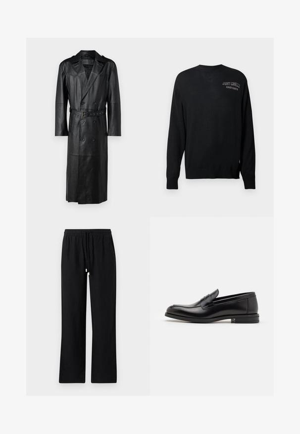 Melna ādas tranču mēteles ar dubulto pogu dizainu, jostu pievidū un plecu epauletēm. Gluda tekstūra un ceļgala garums.; Melna adīta džemperis ar garām piedurknēm, apaļu kakla izgriezumu un ribotām aprocēm. Uzraksts "JUST CAVALLI" un "FIRED EARTH" ir izšūti baltā krāsā.; Vilebrequin PACHA - Auduma bikses - noir; Melnas ādas kurpes ar gludu tekstūru, noapaļu purngalu un dekoratīvu siksniņu pāri priekšpusei. Zems sakrauts papēdis, minimālisma dizains.