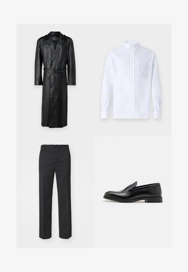 Fekete bőr trench kabát, dupla gombolású kialakítással, övvel ellátott derékkal és vállpántokkal. Simább textúrájú, térd hosszúságú.; Fehér, hosszú ujjú, gombos ing pamutból, mellzsebbel, tónusos hímzéssel, gallérral és gombos mandzsettával.; Filippa K TROUSER - Nadrágok - black; Fekete bőr loaferek sima textúrával, kerek orral és dekoratív pánttal a vampnál. Alacsony, rétegelt sarkú, minimalista dizájn.