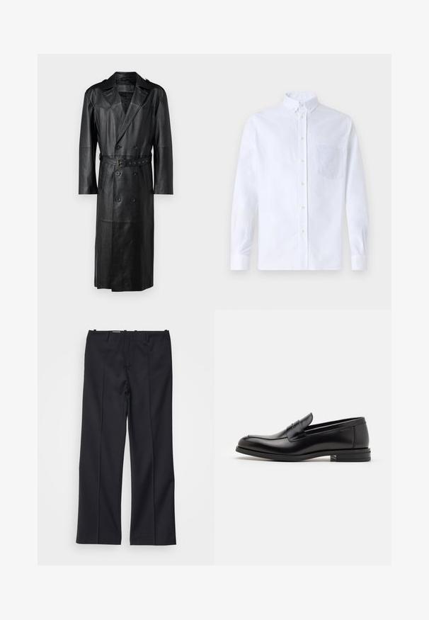 Manteau trench en cuir noir avec un design croisé, taille ceinturée et épaulettes. Texture lisse et longueur genoux.; Chemise blanche à manches longues avec boutons en coton, présentant une poche poitrine avec broderie ton sur ton, un col et des poignets boutonnés.; Filippa K BOOTCUT TROUSERS - Pantalon classique - black; Mocassins en cuir noir avec une texture lisse, bout rond et une sangle décorative sur le dessus. Talon bas empilé, design minimaliste.