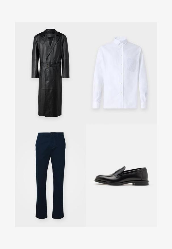 Črn usnjen plašč temnega kroja z dvojnim zapenjanjem, pasom in ramenskimi epauleti. Gladka tekstura in dolžina do kolen.; Bela dolgo rukava srajca s kragnico, izdelana iz bombaža, z žepom na prsih in toniranimi vezeninami ter gumbi na manšetah.; Mornarsko modri hlače iz lahkega blaga. Imajo ravno obliko nogavic, zapiranje na en gumb in minimalistično šivanje.; Črne usnjene loafer čevlje z gladko teksturo, zaobljenim nosom in dekorativnim trakom čez zgornji del. Nizka zložena peta, minimalističen dizajn.
