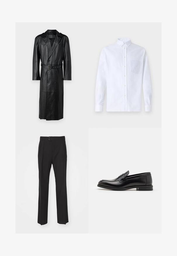 Čierny kožený trenčkot s dvojradovým zapínaním, opaskom v páse a ramennými vycpávkami. Hladká textura a dĺžka po kolená.; Biely dlhý rukáv košeľa s gombíkmi vyrobená z bavlny, s náprsného vrecka s tonálnou výšivkou, golierom a gombíkovými manžetami.; Čierne elegantné nohavice s rovnými nohavicami, dvoma prednými vreckami a dvojitým zapínaním na páse. Hladká textúra materiálu.; Čierne kožené mokasíny s hladkou textúrou, zaoblenou špičkou a dekoračným pásikom cez priehlavok. Nízky vrstvený opätok, minimalistický dizajn.