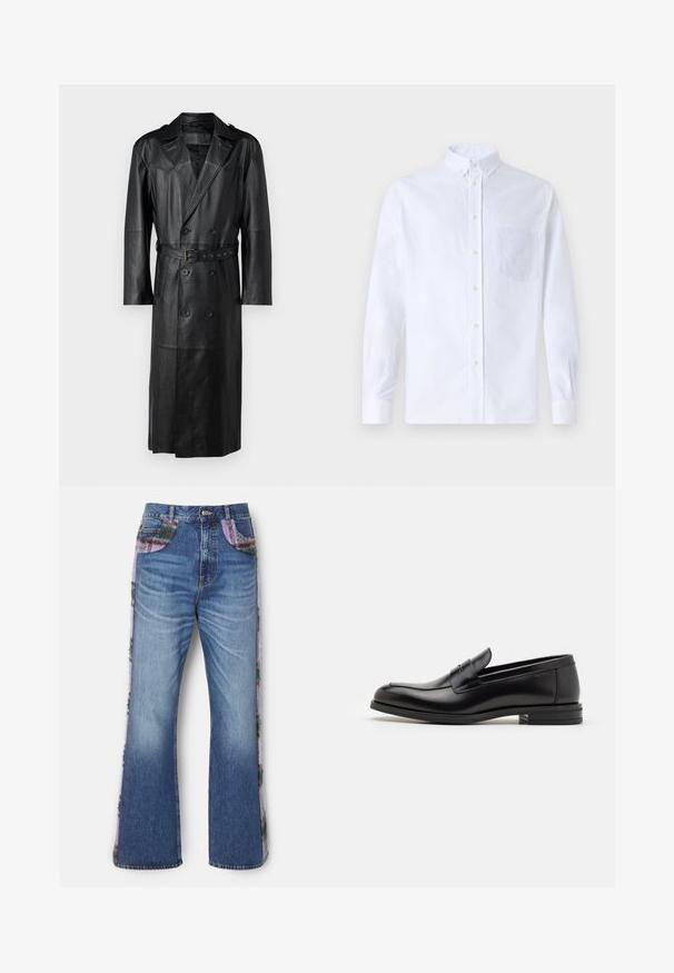 Černý kožený trenčkot s dvouřadým zapínáním, páskem v pase a ramenními epauletami. Hladká textura a délka po kolena.; Bílá dlouhá košile s knoflíky vyrobená z bavlny, která má náprsní kapsu s tónovanou výšivkou, límec a knoflíkové manžety.; Rozšířené modré džíny vyrobené z denimu s dekorativním bočním panelem, který má vícebarevnou chlupatou texturu a kontrastní látkové detaily na kapsách.; Černé kožené polobotky s hladkou texturou, zaoblenou špičkou a zdobným páskem přes nárt. Nízký stohovaný podpatek, minimalistický design.