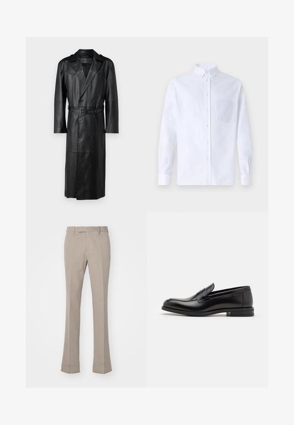 Čierny kožený trenčkot s dvojradovým zapínaním, opaskom v páse a ramennými vycpávkami. Hladká textura a dĺžka po kolená.; Biely dlhý rukáv košeľa s gombíkmi vyrobená z bavlny, s náprsného vrecka s tonálnou výšivkou, golierom a gombíkovými manžetami.; Svetlo béžové nohavice so strihom rovného nohavicu, vyrobené z hladkej tkaniny. Majú pás s pútkami na opasok a čisté, prispôsobené švy.; Čierne kožené mokasíny s hladkou textúrou, zaoblenou špičkou a dekoračným pásikom cez priehlavok. Nízky vrstvený opätok, minimalistický dizajn.