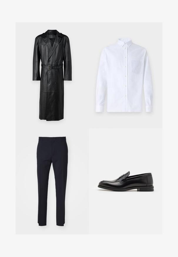 Juodas odinis ilgas paltas su dvigubu įdėklu, diržo juosmens ir petiniais. Lygus paviršius ir iki kelių.; Balta ilga rankovė mygtukų marškiniai, pagaminti iš medvilnės, su krūtine kišene ir toniniu siuvinėjimu, apykakle ir mygtukų apvadu.; Jūrinės pritaikytos kelnės iš audinio, su lygiu priekiu, diržo kilpomis ir tiesiomis kojomis. Be matomų raštų ar detalių.; Juodos odinės loafers, turinčios lygų paviršių, apvalią noselę ir dekoratyvinę juostą per priekinę dalį. Žemas krentantis kulnas, minimalistinis dizainas.