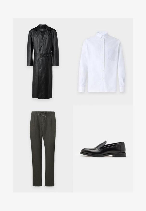 Čierny kožený trenčkot s dvojradovým zapínaním, opaskom v páse a ramennými vycpávkami. Hladká textura a dĺžka po kolená.; Biely dlhý rukáv košeľa s gombíkmi vyrobená z bavlny, s náprsného vrecka s tonálnou výšivkou, golierom a gombíkovými manžetami.; Tmavohnedé ľanové nohavice s elastickým pásom. Priamo strihaný dizajn, ľahká tkanina, minimálne detaily a hladkáTextúra.; Čierne kožené mokasíny s hladkou textúrou, zaoblenou špičkou a dekoračným pásikom cez priehlavok. Nízky vrstvený opätok, minimalistický dizajn.