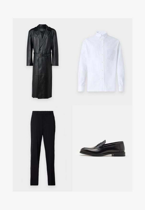 Sort læder trenchcoat med dobbeltbrystet design, bælte i taljen og skulderepauleter. Glat tekstur og knælang.; Hvid langærmet skjorte med knapper lavet af bomuld, med en brystlomme med tonal broderi, krave og knapmanchetter.; Sorte bukser lavet af glat stof, med lige snit, bæltestropper, lynlåsgylpter og sidelommer for funktionalitet.; Sorte læderloafers med en glat overflade, rund tå og en dekorativ strop over vampen. Lav hæl med stabeldesign, minimalistisk stil.