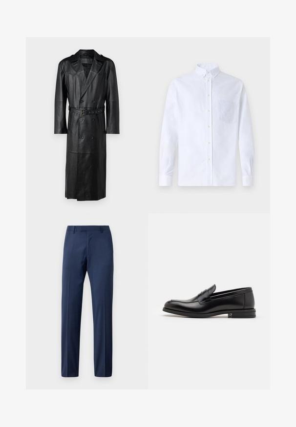 Melna ādas tranču mēteles ar dubulto pogu dizainu, jostu pievidū un plecu epauletēm. Gluda tekstūra un ceļgala garums.; Balts garo piedurknēm krekliņš ar pogām, izgatavots no kokvilnas, ar krūšu kabatu ar tonālu izšuvumu, apkakli un pogām pie piedurknēm.; Vīriešu tumši zili pielāgoti uzvalka bikses ar jostas cilpām un priekšējo rāvējslēdzēju, izstādītas uz baltas fona.; Melnas ādas kurpes ar gludu tekstūru, noapaļu purngalu un dekoratīvu siksniņu pāri priekšpusei. Zems sakrauts papēdis, minimālisma dizains.