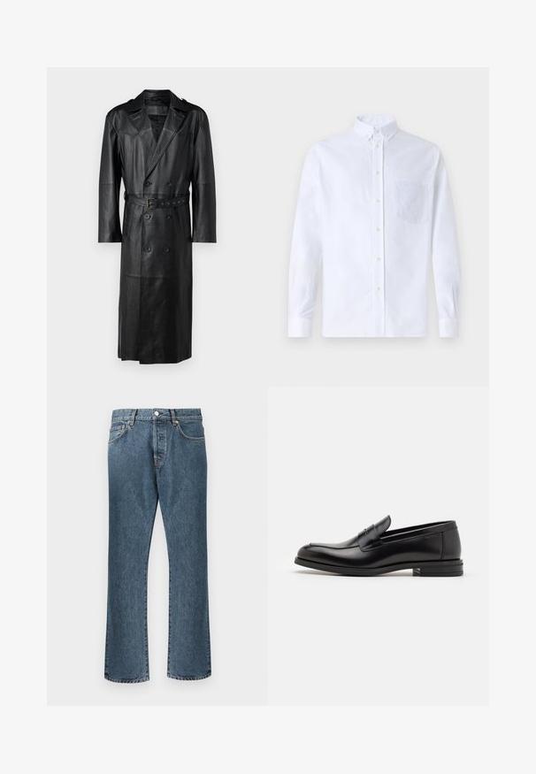 Abrigo de cuero negro con diseño de doble botonadura, cintura ceñida con cinturón y hombreras. Textura suave y largo hasta las rodillas.; Camisa blanca de manga larga y botonadura frontal, hecha de algodón, con un bolsillo en el pecho con bordado tonal, cuello y puños con botones.; Vaqueros de denim azul con un diseño de pierna recta, que cuentan con un clásico cierre de botón y cremallera, cinco bolsillos y un ligero desvanecimiento.; Mocasines de cuero negro con una textura suave, puntera redondeada y una tira decorativa en el empeine. Tacón bajo apilado, diseño minimalista.