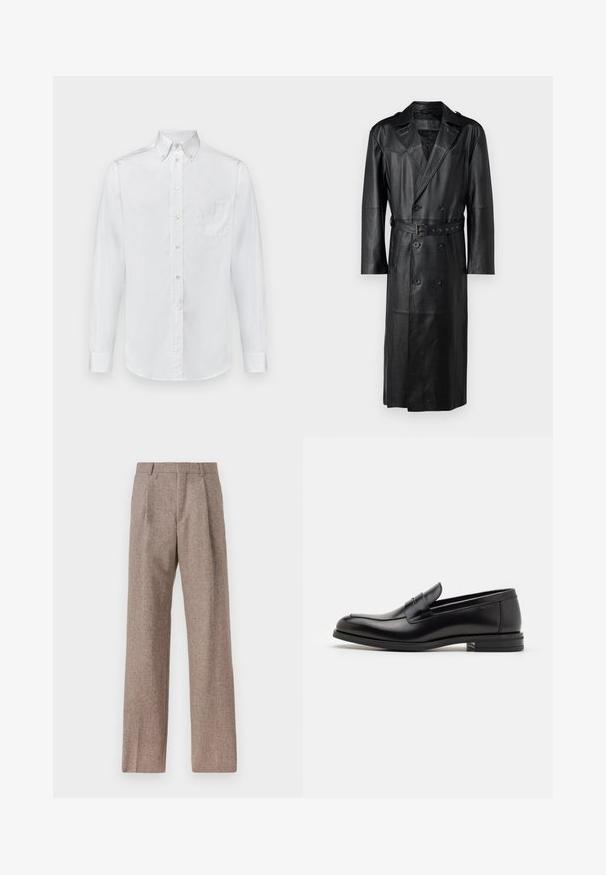 Schwarzer Leder-Trenchcoat mit einem doppelt knöpfbaren Design, tailliertem Gürtel und Schulterklappen. Glatte Textur und knielang.; Weißes Langarmhemd aus Baumwolle mit einem Button-Down-Kragen, einer einzelnen Brusttasche und einer glatten Textur.; Braune, hochtaillierte Hose aus strukturiertem Stoff. Mit weitem Bein und zwei vorderen Bügelfalten für zusätzliche Form. Saubere Verarbeitung ohne sichtbare Hardware.; Schwarze Lederloafers mit glatter Textur, rundem Zehenbereich und einem dekorativen Riemen über dem Vorderfuß. Niedriger, gestapelter Absatz, minimalistisches Design.