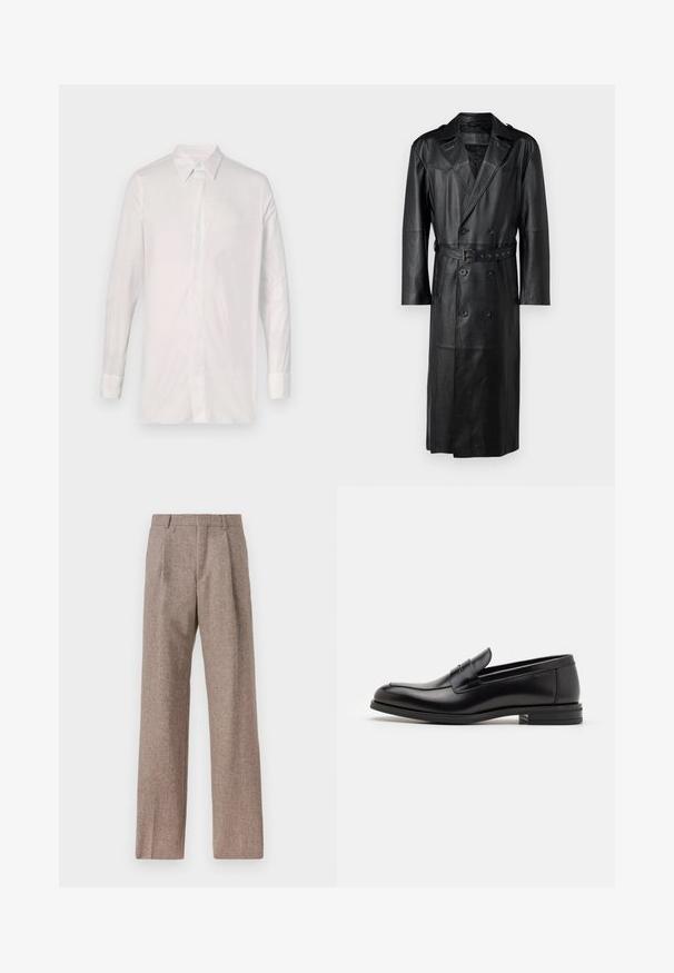 Schwarzer Leder-Trenchcoat mit einem doppelt knöpfbaren Design, tailliertem Gürtel und Schulterklappen. Glatte Textur und knielang.; Langärmeliges weißes Hemd aus glattem Stoff. Mit klassischem Kragen, Knopfleiste und manschettierten Ärmeln mit minimaler Ausstattung.; Braune, hochtaillierte Hose aus strukturiertem Stoff. Mit weitem Bein und zwei vorderen Bügelfalten für zusätzliche Form. Saubere Verarbeitung ohne sichtbare Hardware.; Schwarze Lederloafers mit glatter Textur, rundem Zehenbereich und einem dekorativen Riemen über dem Vorderfuß. Niedriger, gestapelter Absatz, minimalistisches Design.