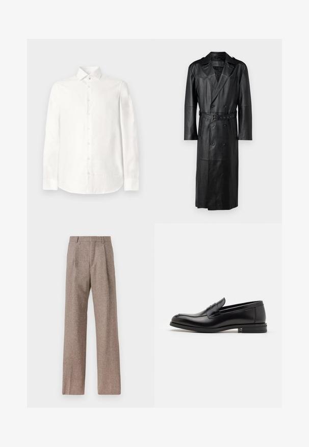 Juodas odinis ilgas paltas su dvigubu įdėklu, diržo juosmens ir petiniais. Lygus paviršius ir iki kelių.; Balta ilgo rankovėmis marškiniai, pagaminti iš lygaus audinio. Yra smailas apykaklė, priekinis mygtukų užsegimas ir apvalus hemline. Matomų raštų nėra.; Rudos, aukšto liemens kelnes, pagamintas iš tekstūruotos medžiagos. Plati kojos, dvi priekinės klostės struktūrai. Tvarkingas apdailos darbai, be matomų detalių.; Juodos odinės loafers, turinčios lygų paviršių, apvalią noselę ir dekoratyvinę juostą per priekinę dalį. Žemas krentantis kulnas, minimalistinis dizainas.