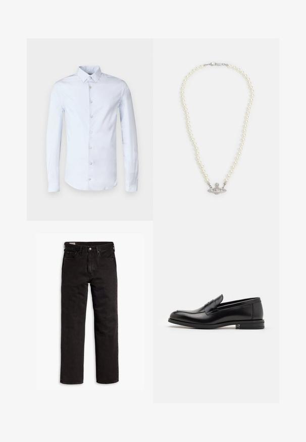 Manteau trench en cuir noir avec un design croisé, taille ceinturée et épaulettes. Texture lisse et longueur genoux.; Chemise bleu clair à manches longues avec un col à bouton, cinq boutons à l'avant et une texture en coton lisse et légèrement brillante.; Jean en denim noir à jambes droites avec cinq poches, fermeture à bouton et passants de ceinture, posés à plat sur un fond blanc.; Mocassins en cuir noir avec une texture lisse, bout rond et une sangle décorative sur le dessus. Talon bas empilé, design minimaliste.; Collier de perles avec un fermoir en métal argenté. Composé de perles blanches rondes et d'un centre décoratif orné de strass.