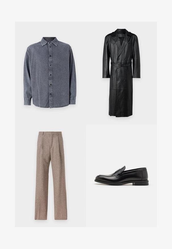 Musta nahkatrenssi, jossa on kaksirivinen malli, vyöllinen vyötärö ja olkavaljaat. Sileä rakenne ja polveen ulottuva pituus.; Harmaa farkkupaita pitkillä hihoilla, napeilla suljettuna, kauluspäällä ja hieman kaarevalla helmalla. Ominaisuuksiin kuuluu pehmeä rakenne ja hienovarainen haalistuminen.; Ruskejat, korkeavyötäröiset housut, jotka on valmistettu teksturoidusta kankaasta. Ominaisuuksina ovat leveät lahkeet ja kaksi etupuolelle ommeltua laskosta rakenteen tukemiseksi. Siisti viimeistely ilman näkyvää metalliosaa.; Mustat nahkakengät, joissa on sileä pinta, pyöreä kärki ja koristeellinen nauha jalkapöydän yli. Matala pinoitu koroke, minimalistinen muotoilu.